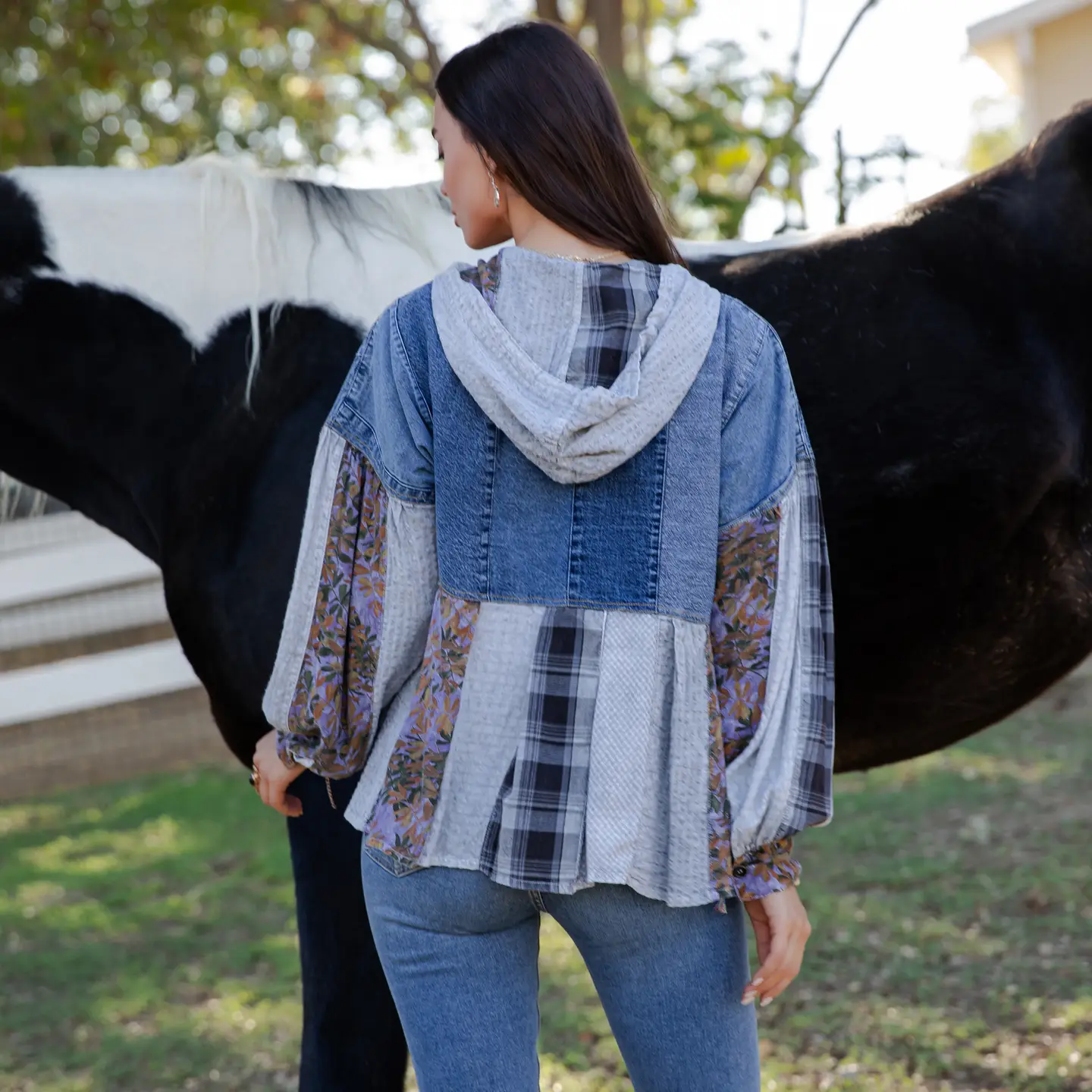 Plaid Denim Patch Hoodie
