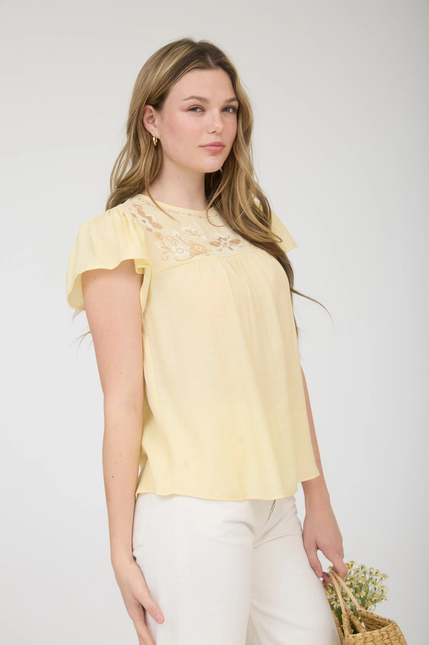 Floral Embroidery Yoke Detail Flounce Sleeve Top