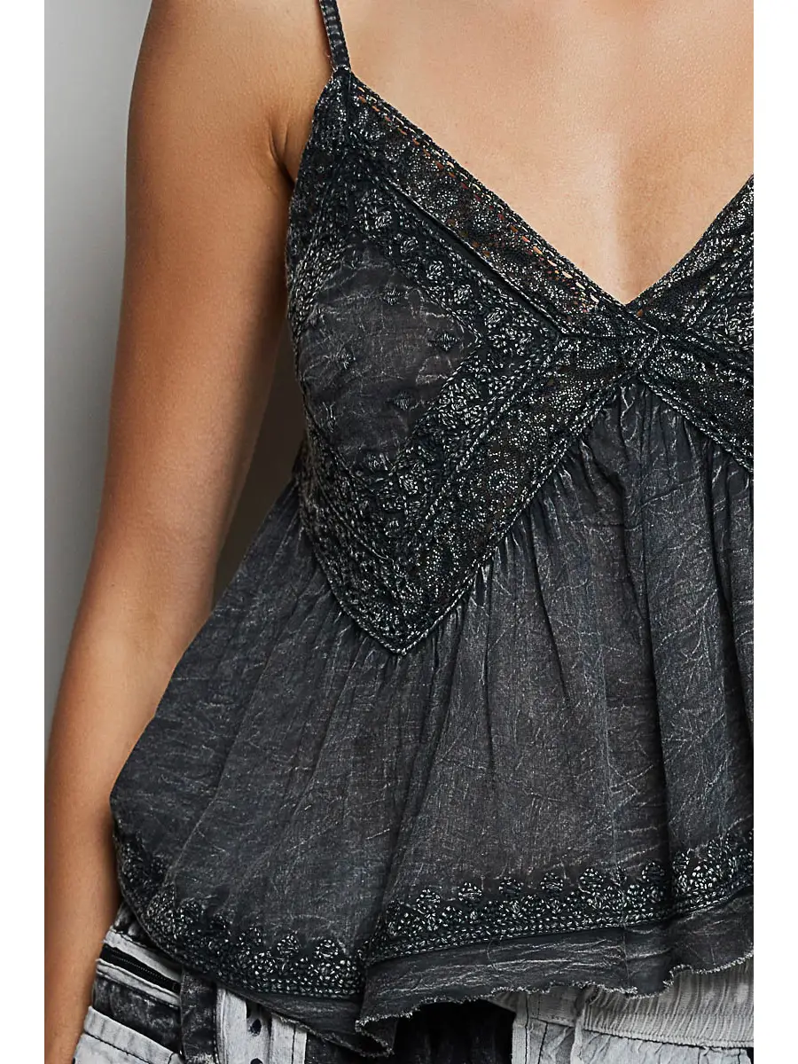 V-Neck Sleeveless Washing Effect Embroidered Woven Top