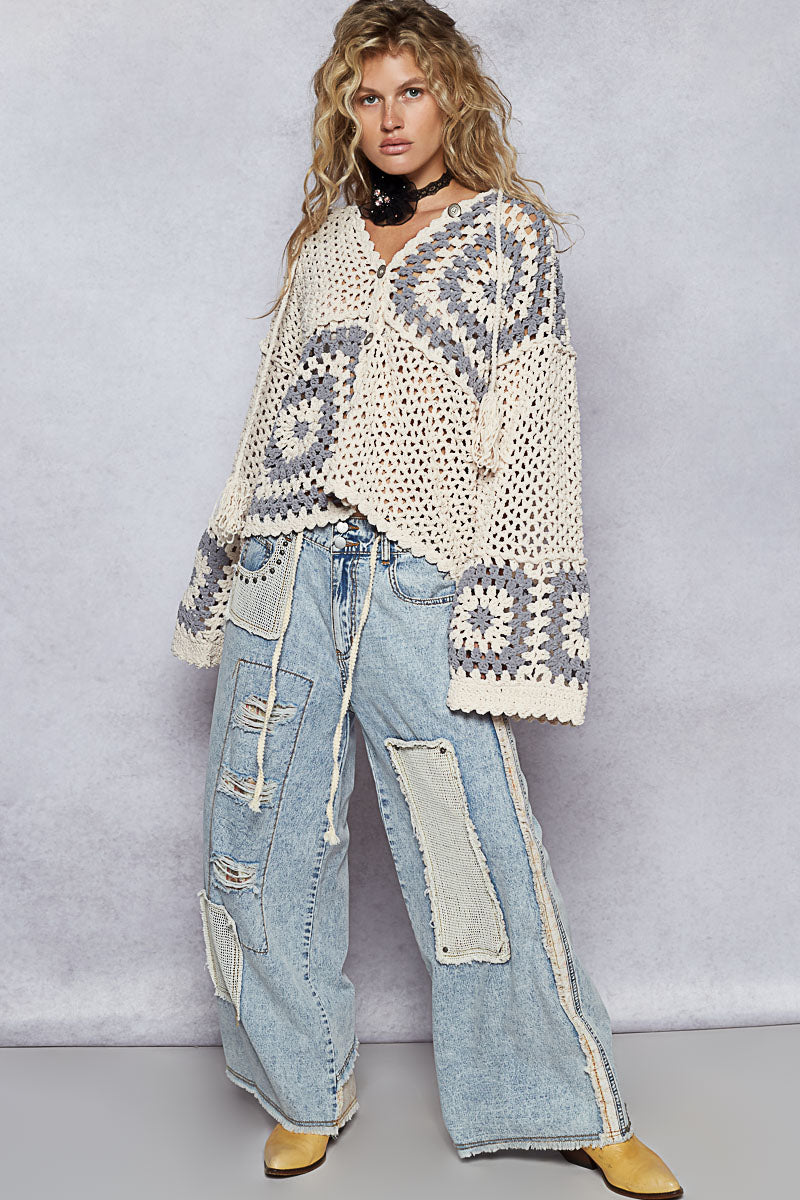Hand Knit Squares Hooded Button Closure Cardigan