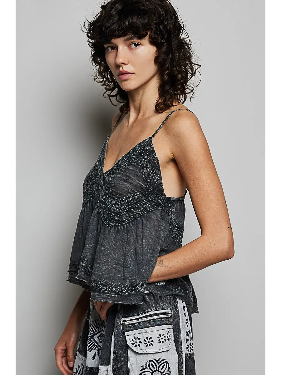 V-Neck Sleeveless Washing Effect Embroidered Woven Top